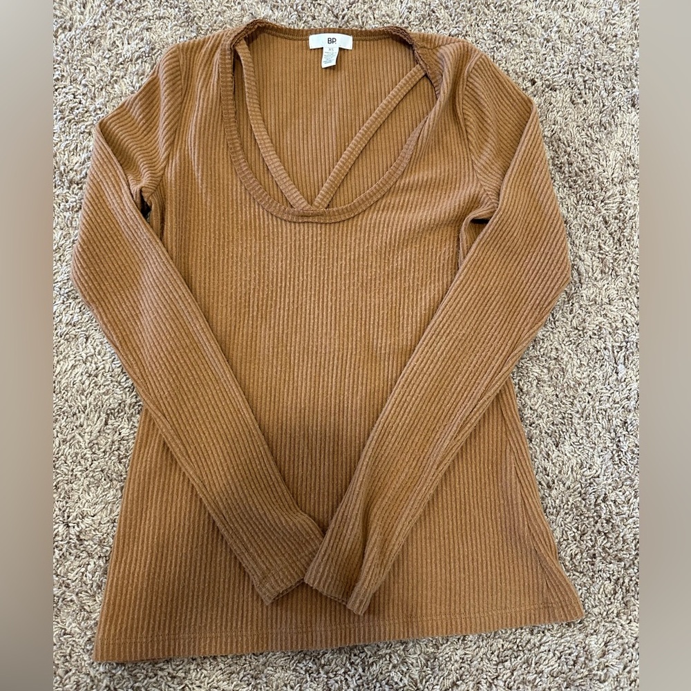 BP Ribbed Long Sleeve Top in Brown